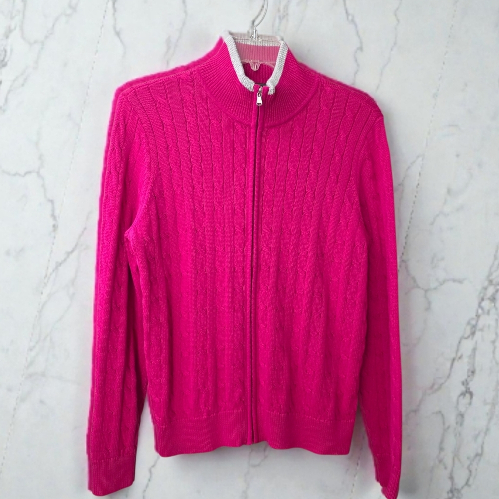 L-RL Lauren Active Ralph Lauren Sweater Women's Pink Full Zip Cable Knit XL
